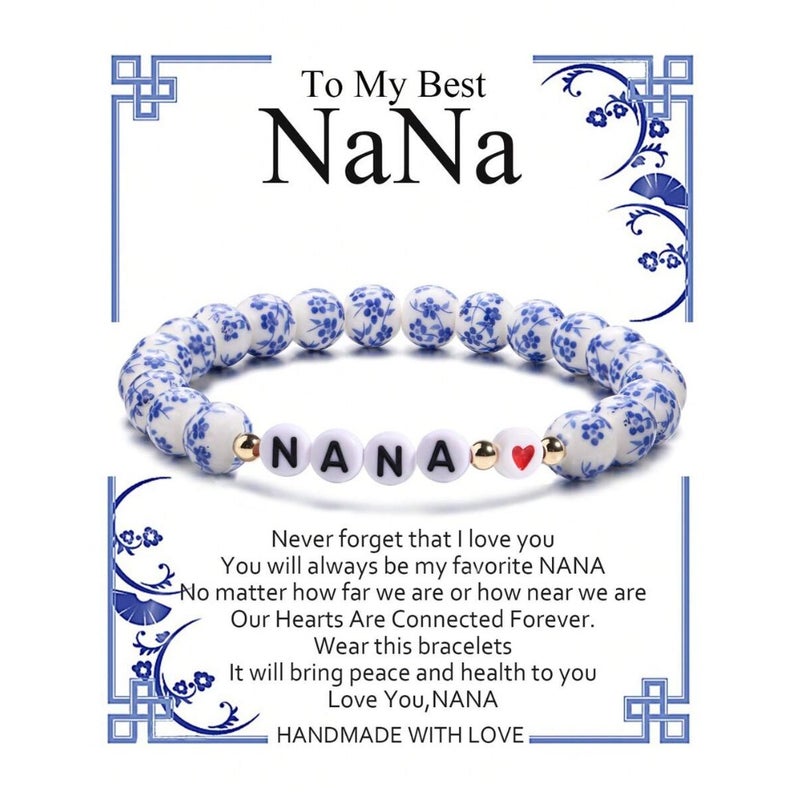 1pc Blue and White Porcelain Bead Bracelet, Grandma/Grandma/Mom Letter Bracelet, Comes With Blessing Card, Celadon Bracelet, Mother's Day Gift, Christmas Gift, Valentine's Day Gift, Gift For Mom/Mother - Image 2