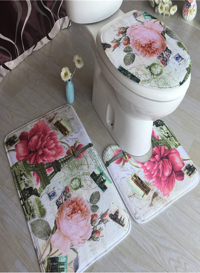 3 PCS Flower Peony Printed Bathroom Rug,Elegant Vintage Bath Mats Set,Plant Series No Slip Washable Floor Cover,Garden Theme Decorations for Shower Room