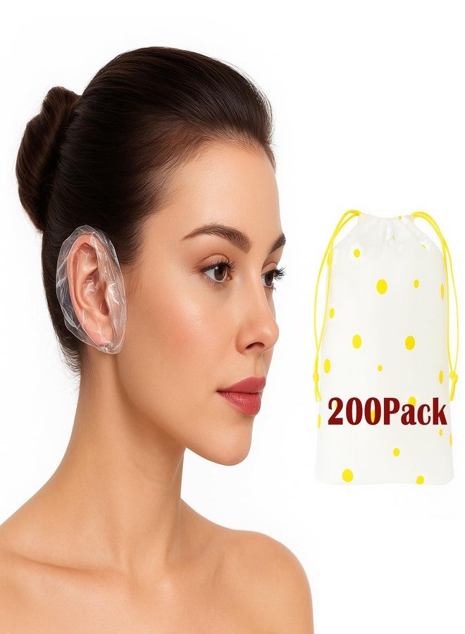 JFGLORIX 200 Pack Disposable Waterproof Ear Covers for Shower & Hair Dye - Clear Plastic Ear Caps with Soft Elastic, One Size for Adults, with Drawstring Storage Pouch for Neat, Travel-Ready Carry - Image 1
