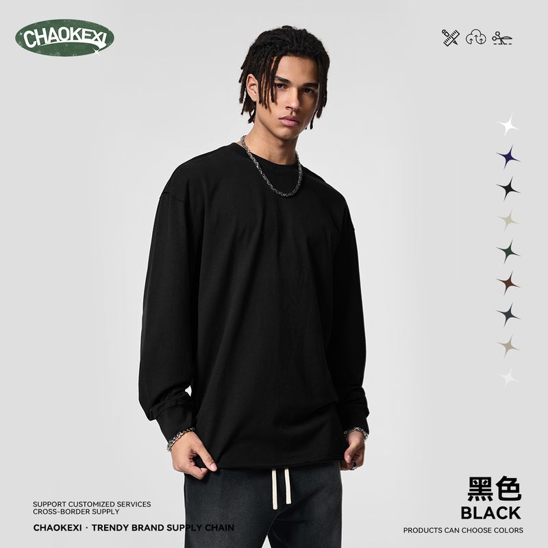 Autumn American high street solid color heavyweight 305g pure cotton short-sleeved loose long-sleeved basic men's and women's small neckline men's clothing - Image 1