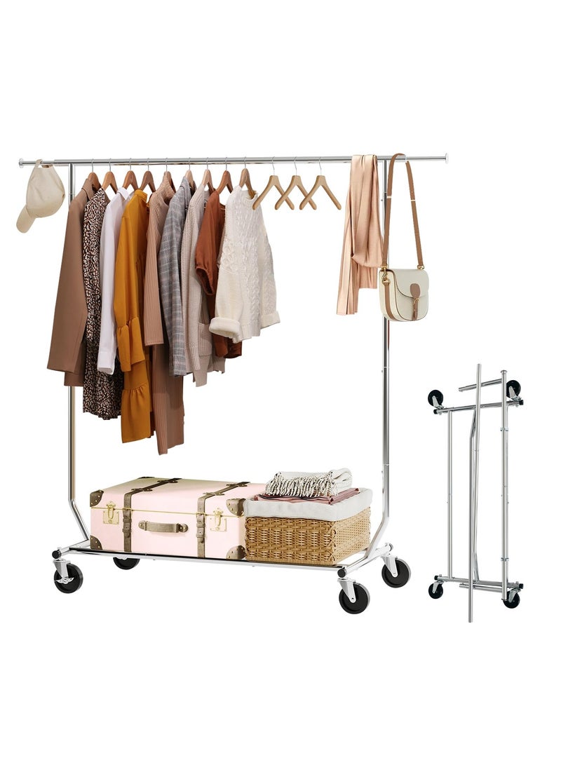 Clothing Rack Heavy Duty Clothes Rack Extendable Single Rod Clothes Drying Rack Collapsible Garment Rack Industrial Adjustable Rolling Rack with Lockable Wheels