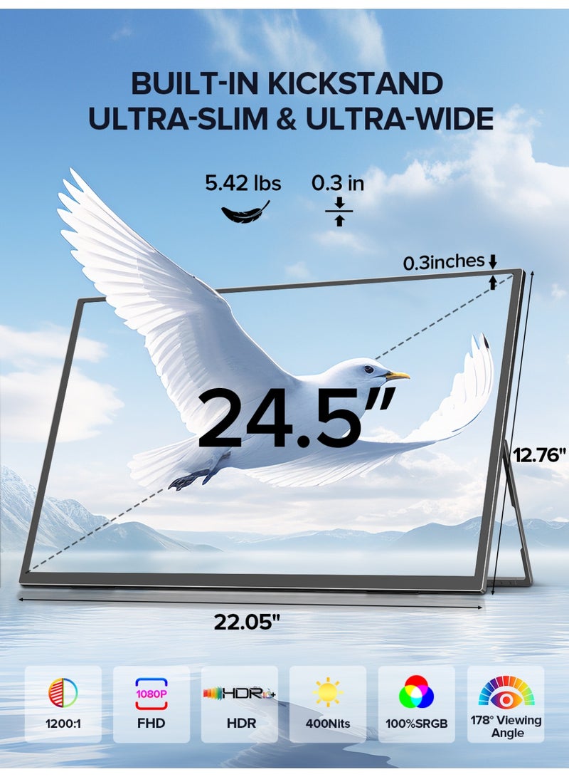 أوبيرفكت شاشة محمولة UPERFECT مقاس 24.5 بوصة وشاشة ألعاب 240 هرتز بدقة 1920 × 1080 FHD IPS ومنافذ USB C و Mini HDMI وشاشة ثانية مزودة بحامل مدمج للكمبيوتر المحمول/الهاتف/جهاز الألعاب - Image 5