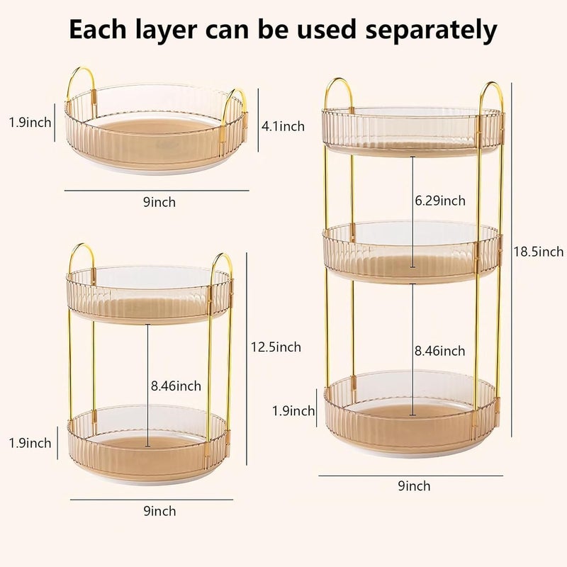 Dravina 360° Rotating Makeup Organizer Rack| 3 Tier Standing Countertop Cosmetic Vanity Tray for Makeup, Skincare|Corner Rack for Bedroom,Bathroom (3 Layer- Amber (Rack) + Gold Rods) - Image 2