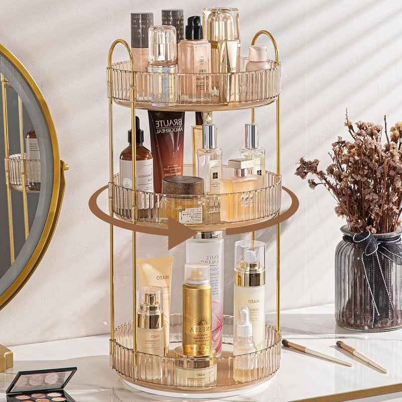 Dravina 360° Rotating Makeup Organizer Rack| 3 Tier Standing Countertop Cosmetic Vanity Tray for Makeup, Skincare|Corner Rack for Bedroom,Bathroom (3 Layer- Amber (Rack) + Gold Rods) - Image 1