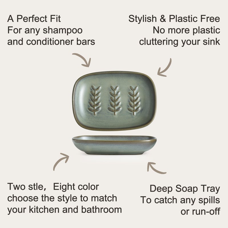 Miamolo Ceramic Soap Dish Bar Soap Holder for Shower, Soap Dishes for Bar Soap Sponge, Shower Soap Saver Tray for Bathtub Bathroom Kitchen Sink, Farmhouse Housewarming Gift, Pro-Environment, Dark Green - Image 3