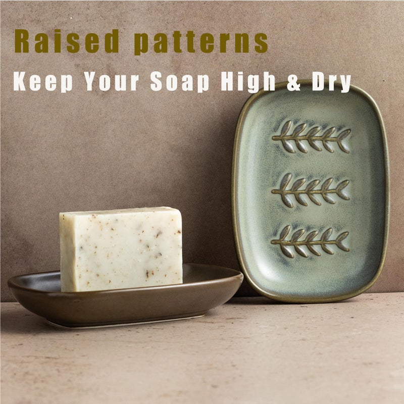 Miamolo Ceramic Soap Dish Bar Soap Holder for Shower, Soap Dishes for Bar Soap Sponge, Shower Soap Saver Tray for Bathtub Bathroom Kitchen Sink, Farmhouse Housewarming Gift, Pro-Environment, Dark Green - Image 4