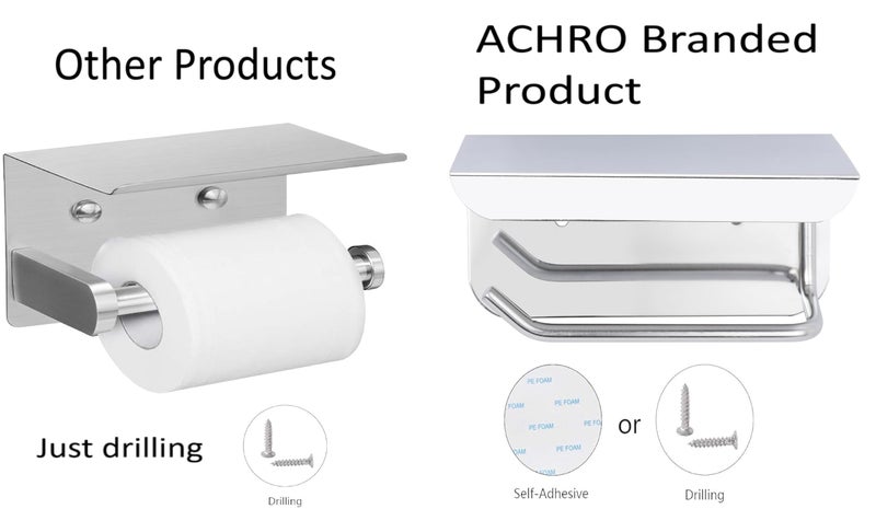 ACHRO Self Adhesive and Wall Mount Stainless Steel Toilet Paper Holder with Mobile Stand, Wall Mounted Tissue Paper Holder with Shelf, Toilet Paper Roll Holder for Bathroom with Nickel Satin Finish - Image 2