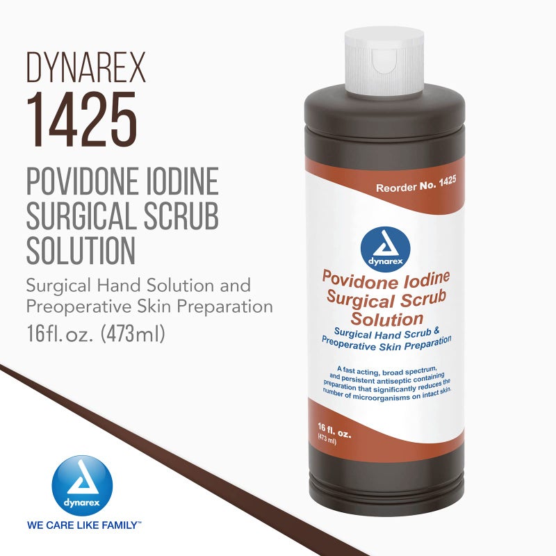 Dynarex Povidone-Iodine Scrub Solution, Antiseptic Solution for Skin and Mucosa, Ideal for Surgical Site Preparation, Contains Povidone Iodine 7.5%, 16 fl. oz., 1 Bottle - Image 2