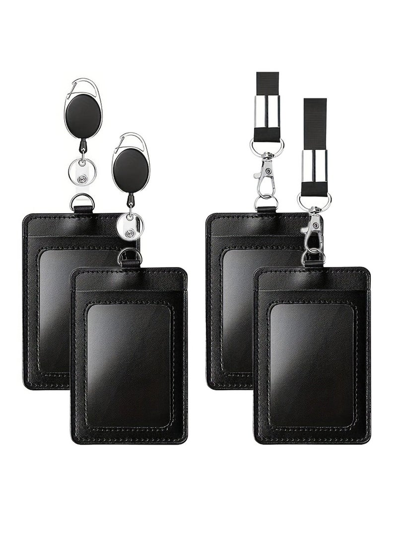 Generic 4-Piece ID Card Holder with Detachable Neck Lanyard Strap and Retractable Badge Reel Clip Keychain Leather ID Badge Holder Set for Work School and Metro Card  - Image 1
