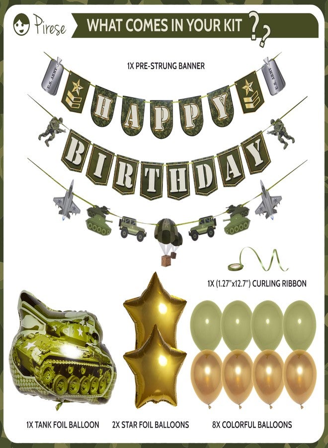 Pirese Army Happy Birthday Banner - Soldier Birthday Decorations for Boys, Camo Party Supplies with Tank Balloon, Star Balloons & Latex Balloons, Military Themed Party Decor - Image 2