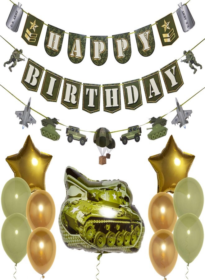 Pirese Army Happy Birthday Banner - Soldier Birthday Decorations for Boys, Camo Party Supplies with Tank Balloon, Star Balloons & Latex Balloons, Military Themed Party Decor - Image 1