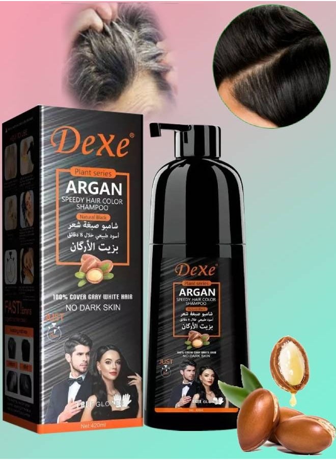 Dexe 420ml Argan Speedy Hair Color Shampoo 100% Grey and White Hair Coverage Long Lasting Deeply Nourishing and Anti Hair Fall Hair Color Shampoo Argan Hair Dry Color Shampoo Black  - Image 1