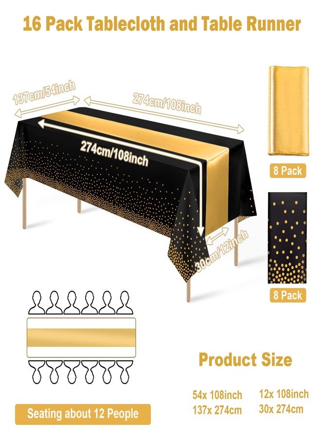 MASHAN 16Pack Disposable Plastic Tablecloths and Satin Table Runner Set Black Gold Dot Table Cloth Gold for Graduation Wedding Birthday Baby Shower Anniversary Holiday Party Decorations - Image 2