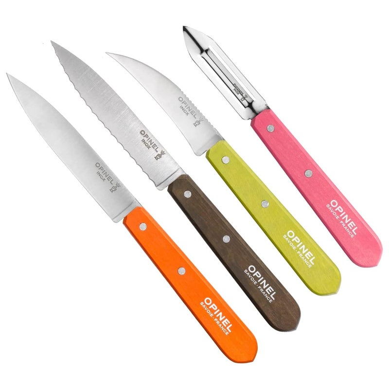 Opinel Les Essentials Small Kitchen 4 Piece Knife Set  Paring Knife Serrated Knife Peeler Vegetable Knife Corrosion Resistant High Carbon Steel Made in France 50s