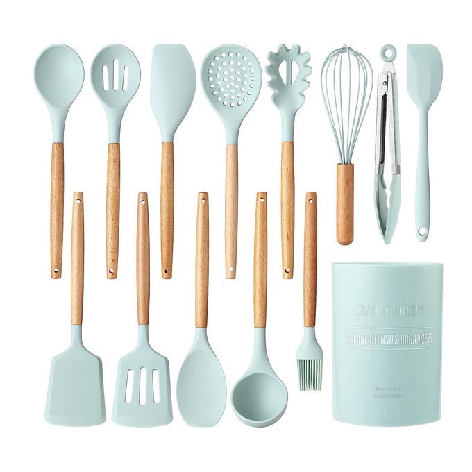 NON STICK SILICONE UTENSIL SET WITH ROUNDED WOOD HANDLES FOR COOKING AND BAKING 14 PIECE SET MINT