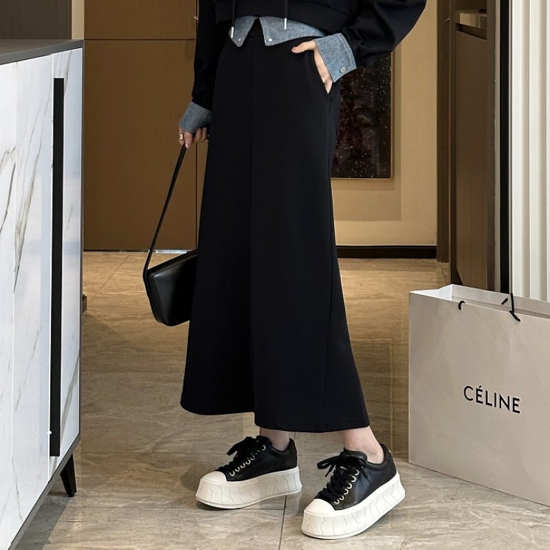 Suit Skirt Womens Spring and Autumn New Fashion Stitching Denim Hooded Sweater Mid-length Skirt Covering Meat Two-piece Fashionable Suit Black Skirt - Image 1