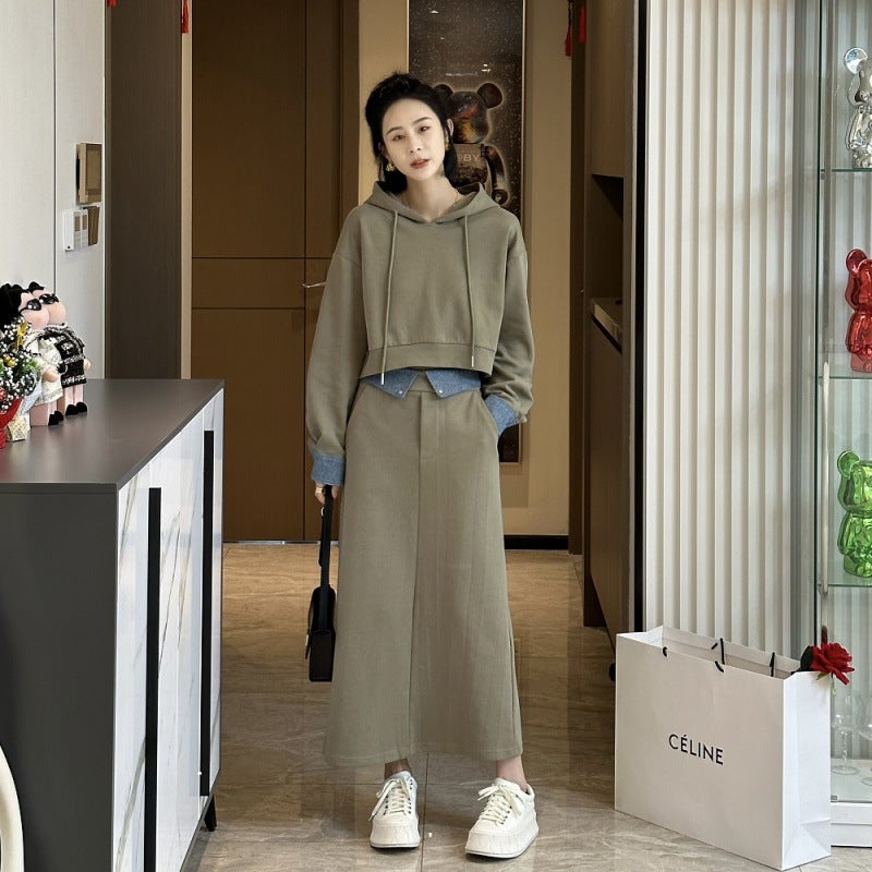 Suit Skirt Womens Spring and Autumn New Fashion Stitching Denim Hooded Sweater Mid-length Skirt Covering Meat Two-piece Fashionable Suit Black Skirt - Image 4