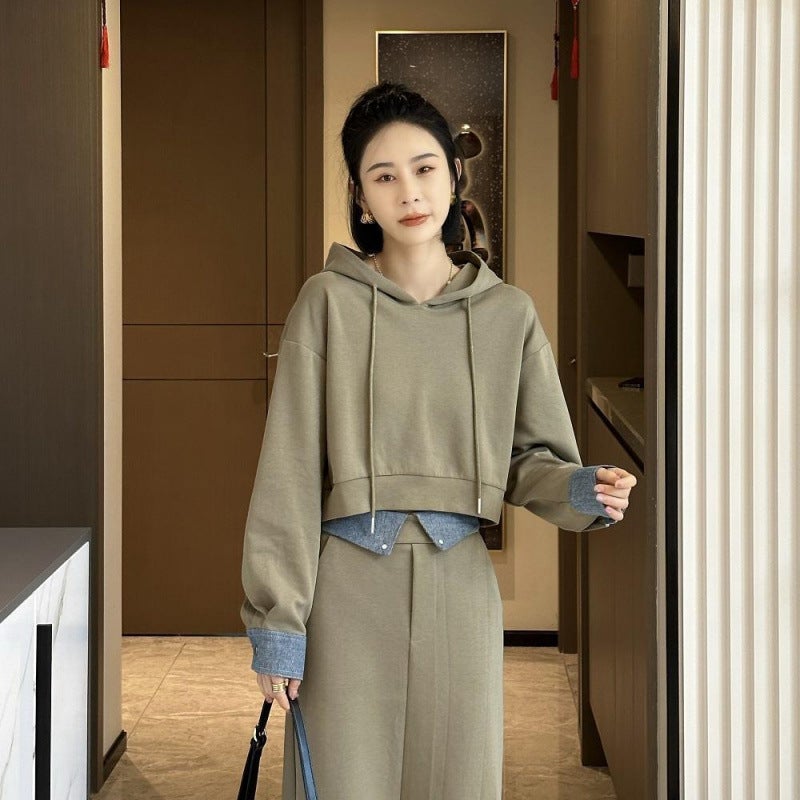 Suit Skirt Womens Spring and Autumn New Fashion Stitching Denim Hooded Sweater Mid-length Skirt Covering Meat Two-piece Fashionable Suit Black Skirt - Image 2