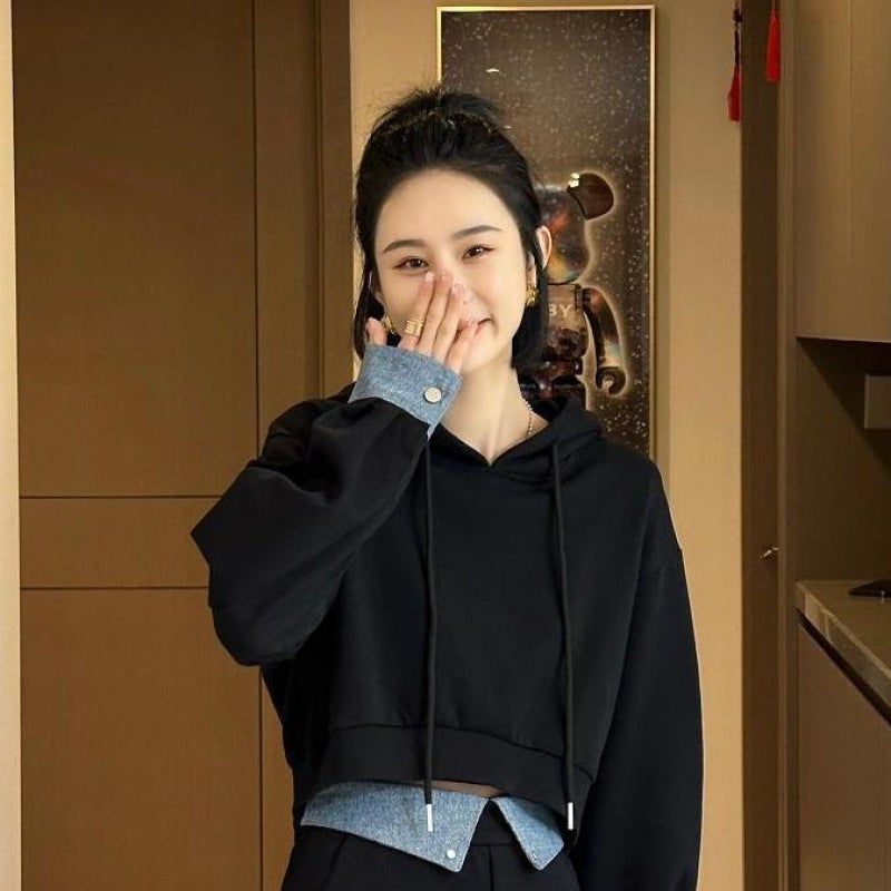Suit Skirt Womens Spring and Autumn New Fashion Stitching Denim Hooded Sweater Mid-length Skirt Covering Meat Two-piece Fashionable Suit Black Skirt - Image 3