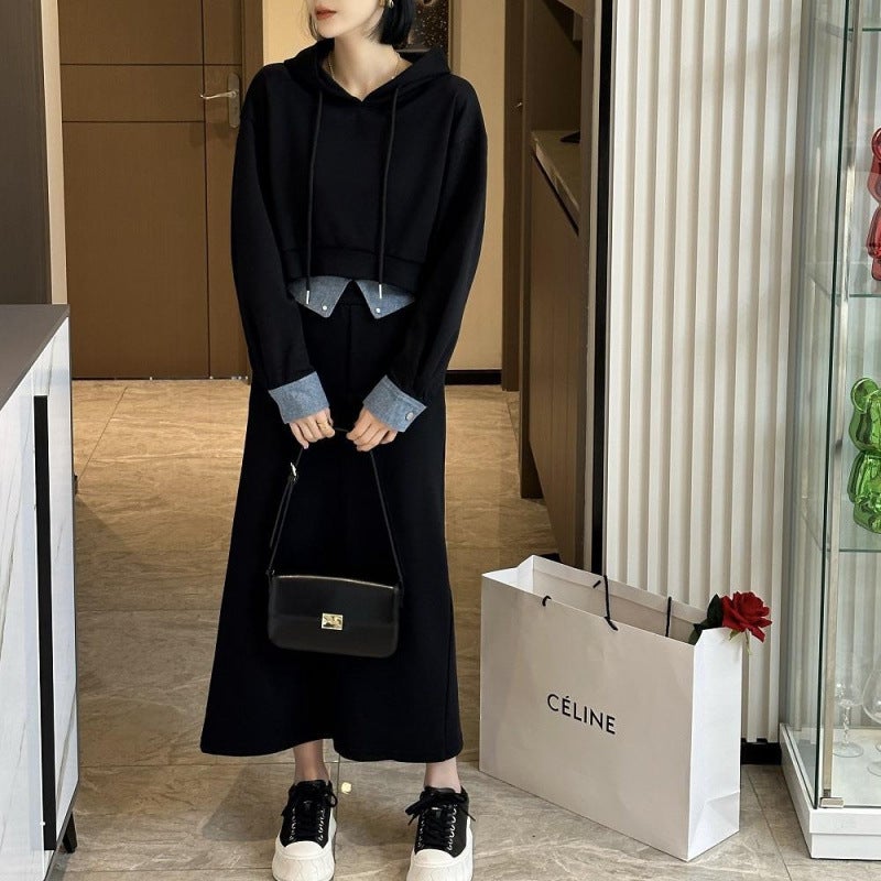 Suit Skirt Womens Spring and Autumn New Fashion Stitching Denim Hooded Sweater Mid-length Skirt Covering Meat Two-piece Fashionable Suit Black Skirt - Image 5