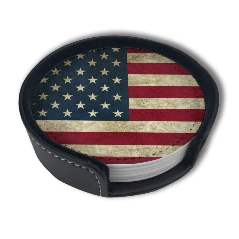 American Flag USA Flag Leather Drinks Coasters with Holder Set of 6 Suitable for Kinds of Cups