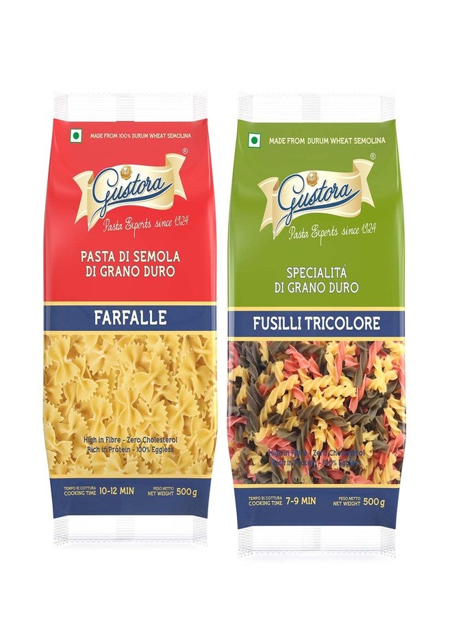 Gustora Healthy Farfalle & Fusilli Tricolore Pasta Combo Made Of Durum Wheat Semolina I Rich In Protein & Fibre I Zero Cholesterol I Vegetarian I No Trans - Fat I Cooking Time 10 Min - (500 Gm X 2) - Image 1