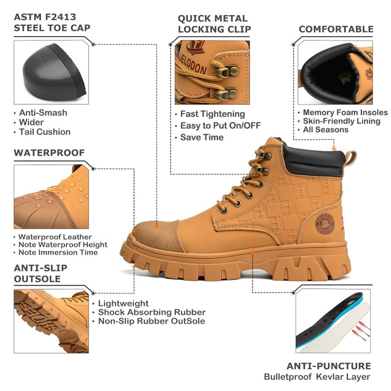 KELODON Waterproof Steel Toe Boots For Men 6 Inch Leather Steel Toe Shoes Non Slip Resistant Safety Work Boots Indestructible Lightweight Construction Boot,Wheat,US Size 9.5 - Image 2