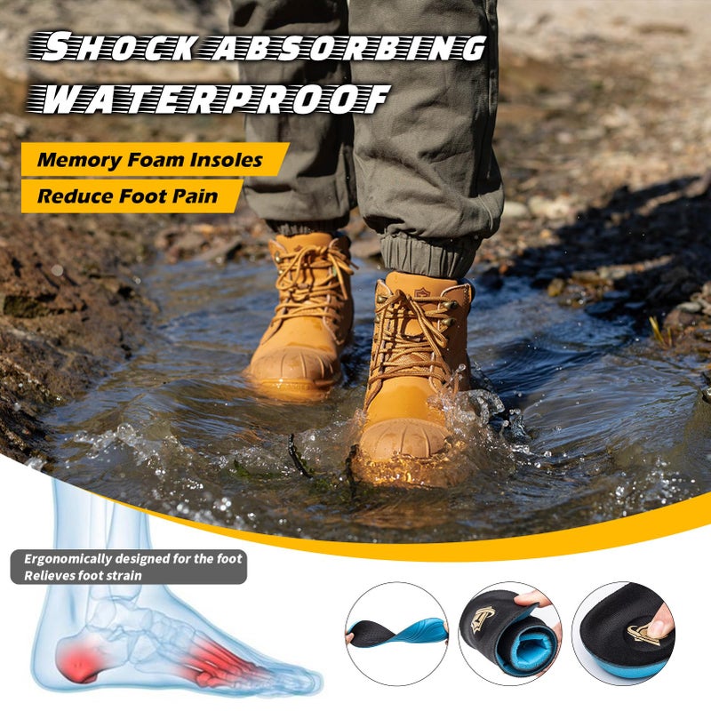 KELODON Waterproof Steel Toe Boots For Men 6 Inch Leather Steel Toe Shoes Non Slip Resistant Safety Work Boots Indestructible Lightweight Construction Boot,Wheat,US Size 9.5 - Image 5
