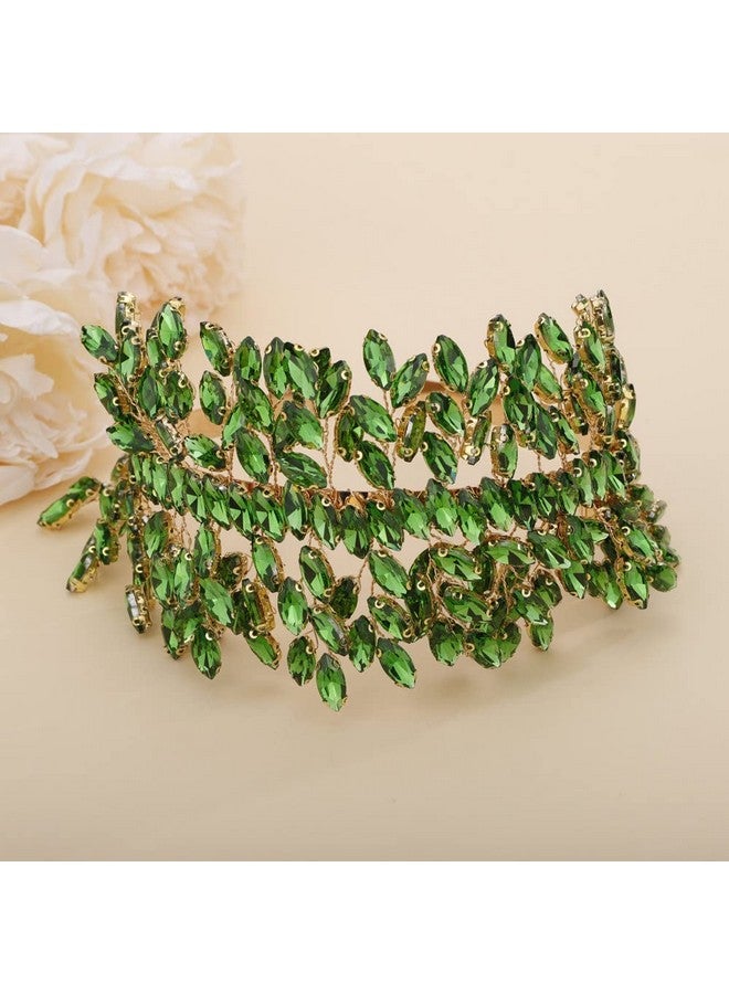 سيثر عصابة رأس من الكريستال للعروس لحفلات الزفاف، قطعة رأس كبيرة من الكريستال باللون الفضي، إكسسوارات شعر للعروس، مشابك شعر لحفلات التخرج، هدية (ذهبي وأخضر) - Image 3