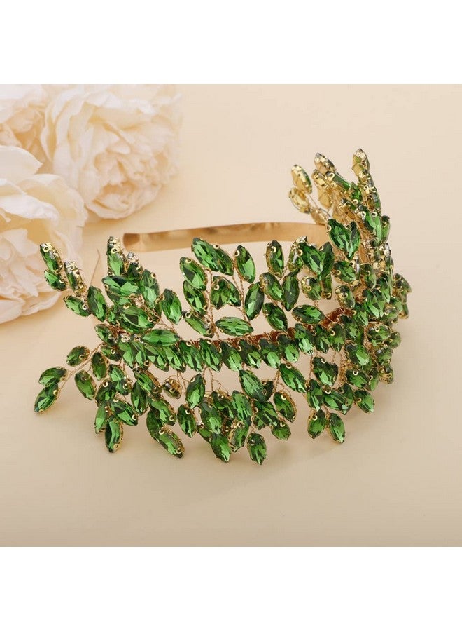 سيثر عصابة رأس من الكريستال للعروس لحفلات الزفاف، قطعة رأس كبيرة من الكريستال باللون الفضي، إكسسوارات شعر للعروس، مشابك شعر لحفلات التخرج، هدية (ذهبي وأخضر) - Image 4