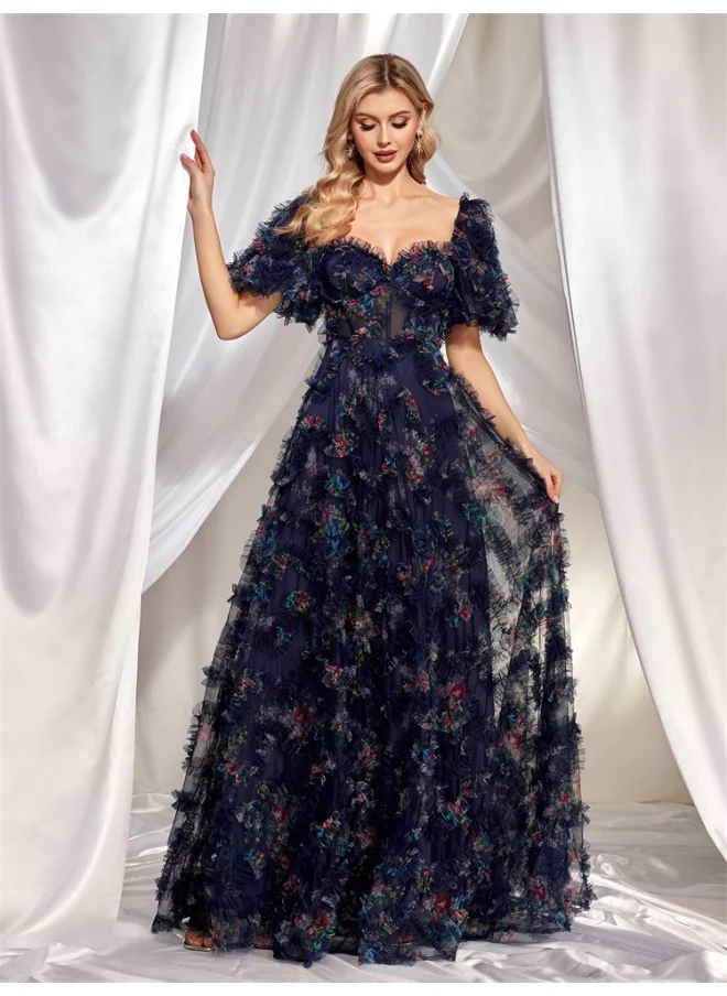 Madam Uniq New Deep Blue 3D Floral U-neck Evening Gown - Elegant Dress