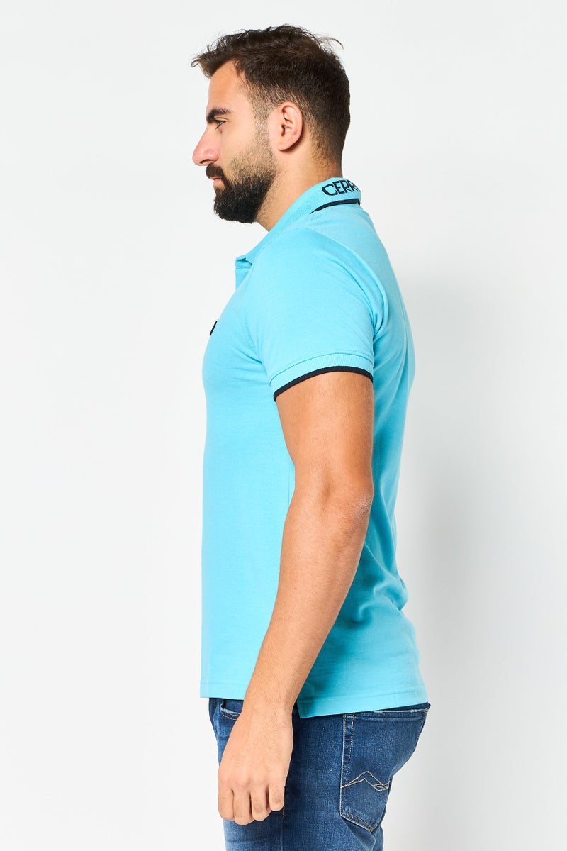 CERRUTI 1881 قميص بولو قصير الأكمام للرجال بتصميم عادي مع شعار مطرز، تركواز - Image 4
