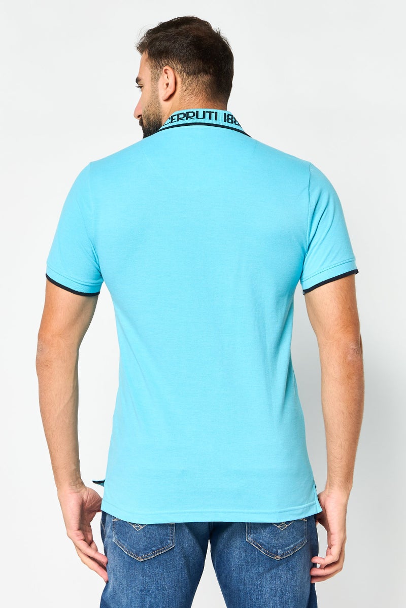 CERRUTI 1881 قميص بولو قصير الأكمام للرجال بتصميم عادي مع شعار مطرز، تركواز - Image 3