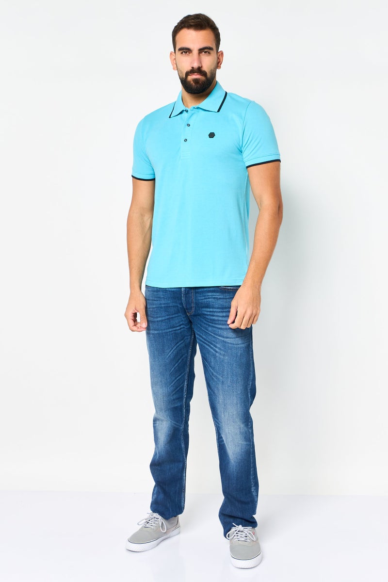 CERRUTI 1881 قميص بولو قصير الأكمام للرجال بتصميم عادي مع شعار مطرز، تركواز - Image 2