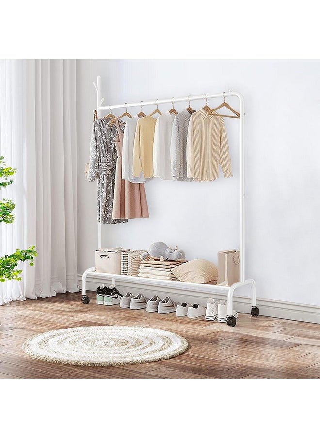 Lukzer Lukzer Multipurpose Heavy-Duty Single Pole Metal Garment Stand with Wheels 1 Bottom Shelf Clothing Rack Cloth Storage Organizer (172 x 120 x 34cm/White)  - Image 4