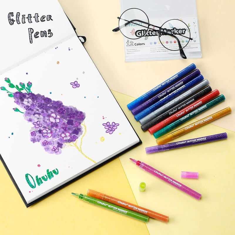 Ohuhu Glitter Markers Pen: 12 Glitter Colors Metallic Shimmer Marker Fine Tip Water-based Ink for Kids Adults DIY Crafts Greeting Birthday Cards Making Mugs Wood - Image 2