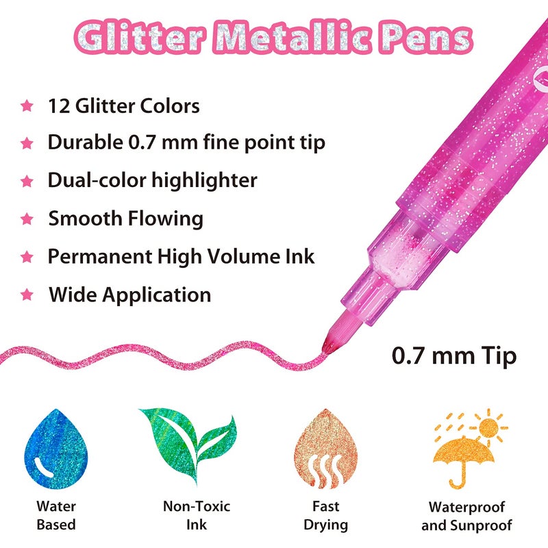 Ohuhu Glitter Markers Pen: 12 Glitter Colors Metallic Shimmer Marker Fine Tip Water-based Ink for Kids Adults DIY Crafts Greeting Birthday Cards Making Mugs Wood - Image 3