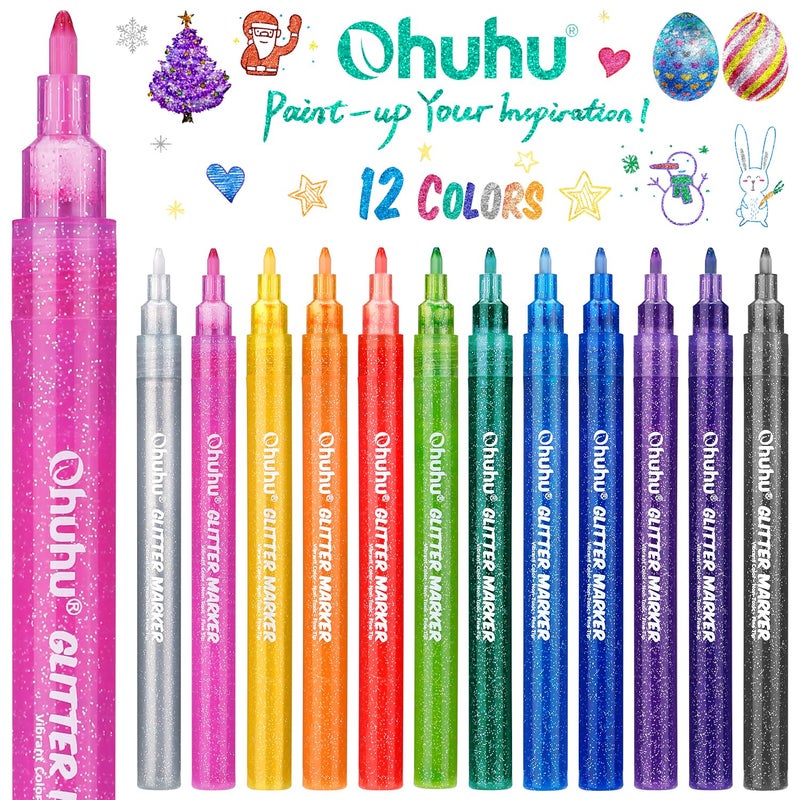 Ohuhu Glitter Markers Pen: 12 Glitter Colors Metallic Shimmer Marker Fine Tip Water-based Ink for Kids Adults DIY Crafts Greeting Birthday Cards Making Mugs Wood - Image 4