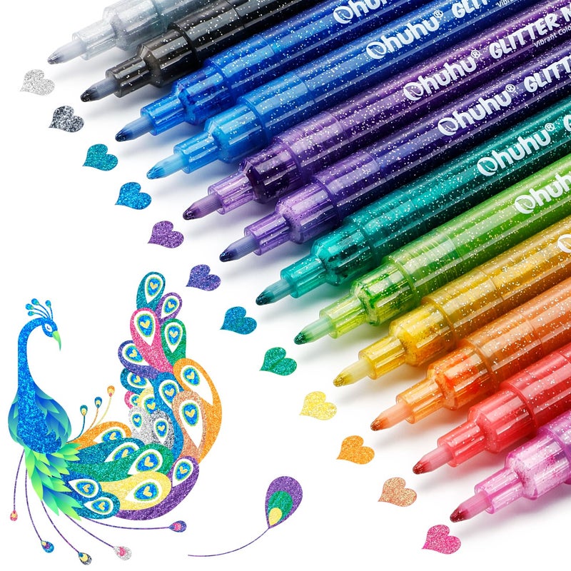 Ohuhu Glitter Markers Pen: 12 Glitter Colors Metallic Shimmer Marker Fine Tip Water-based Ink for Kids Adults DIY Crafts Greeting Birthday Cards Making Mugs Wood - Image 1