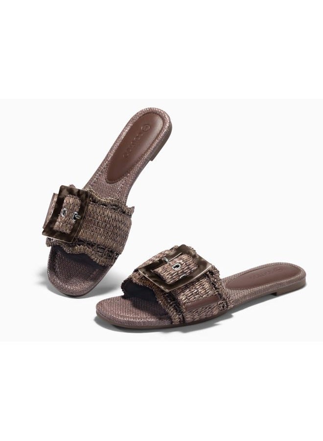 Coutgo Womens Flat Sandals Raffia Slip On Slide Sandal Square Open Toe Buckle Summer Beach Shoes Flats, Coffee, 8.5 - Image 5