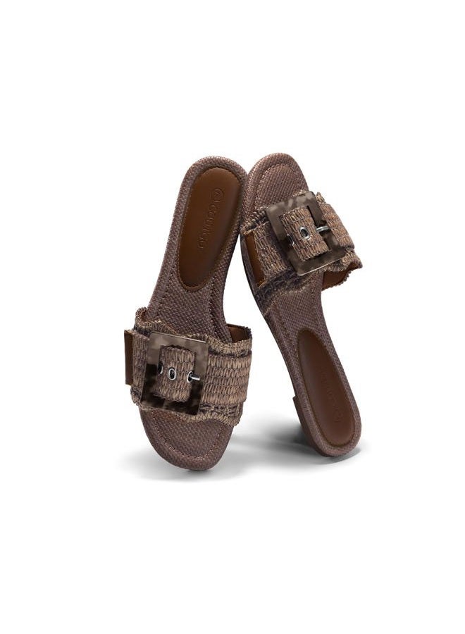 Coutgo Womens Flat Sandals Raffia Slip On Slide Sandal Square Open Toe Buckle Summer Beach Shoes Flats, Coffee, 8.5 - Image 1