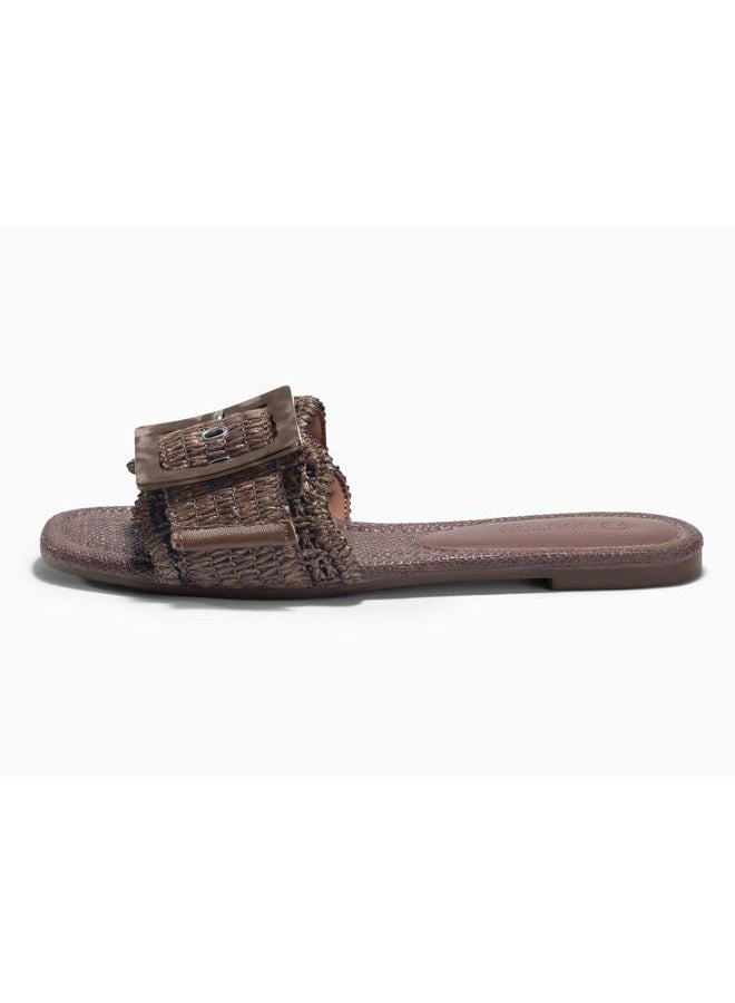 Coutgo Womens Flat Sandals Raffia Slip On Slide Sandal Square Open Toe Buckle Summer Beach Shoes Flats, Coffee, 8.5 - Image 4