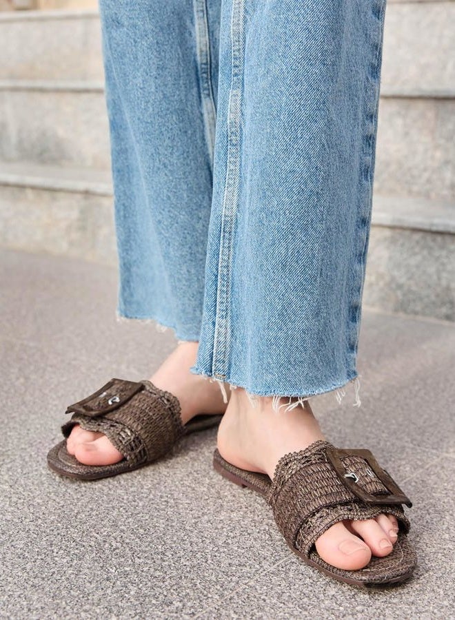 Coutgo Womens Flat Sandals Raffia Slip On Slide Sandal Square Open Toe Buckle Summer Beach Shoes Flats, Coffee, 8.5 - Image 2