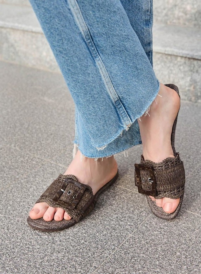 Coutgo Womens Flat Sandals Raffia Slip On Slide Sandal Square Open Toe Buckle Summer Beach Shoes Flats, Coffee, 8.5 - Image 3