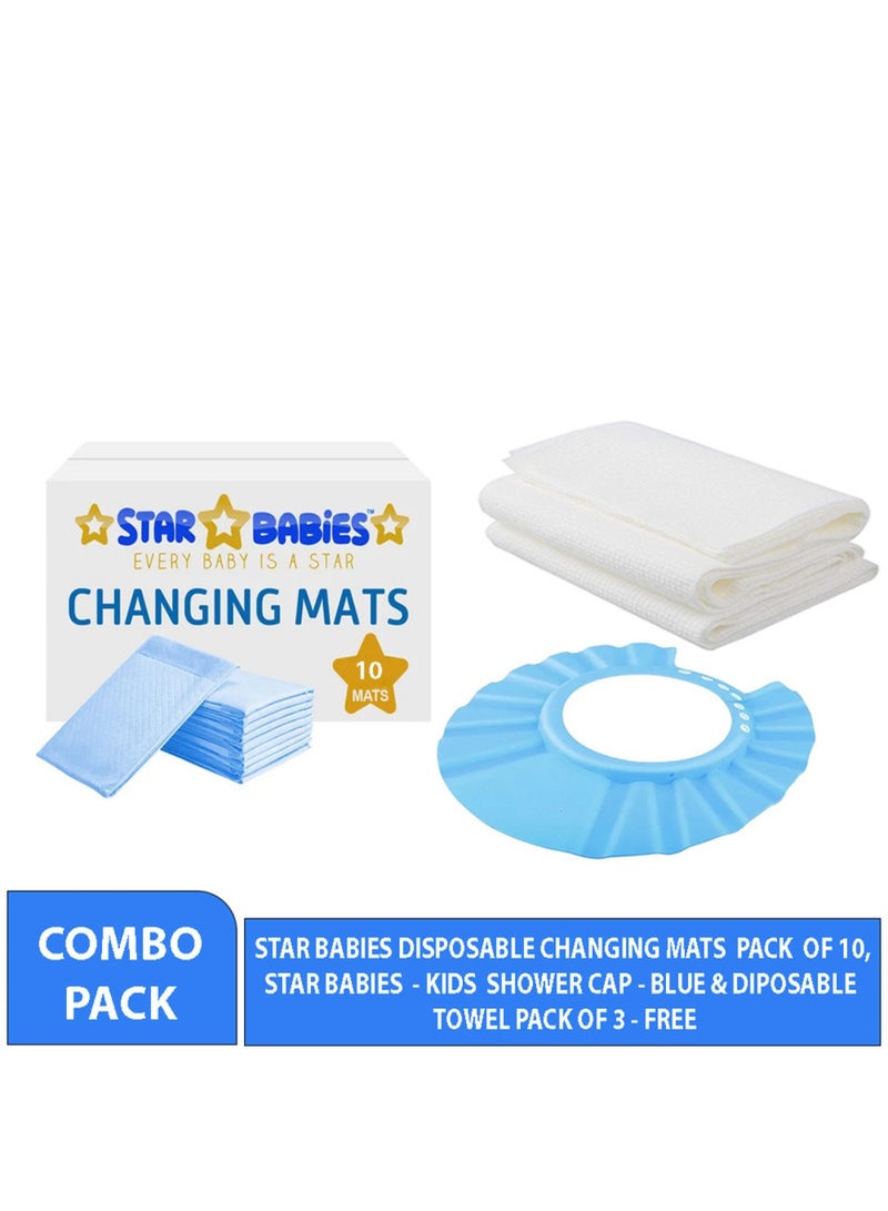 STAR BABiES Combo Pack Pack Changing Mat 10Pcs Disposable Towel 3Pcs Shower Cap Blue  - Image 1