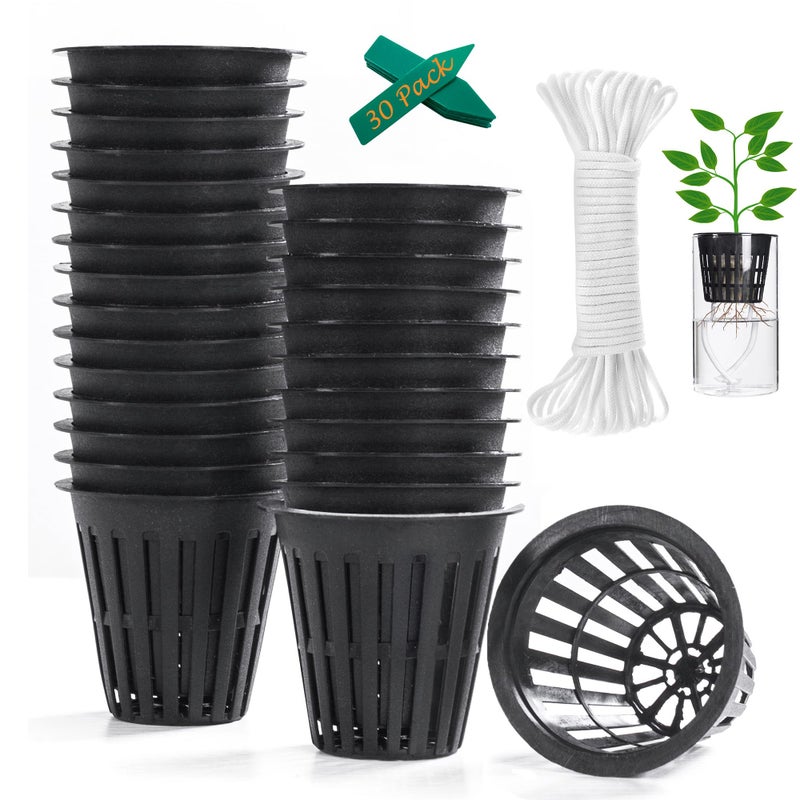 ORIMERC 2 inch Net Cups Pots 30 Pack with 30 feet Self Watering Wick & 30 Plant Labels for Hydroponics Aquaponics Planter Indoor Outdoor Growing Baskets Slotted Mesh UV Resistant & BPA Free - Image 1