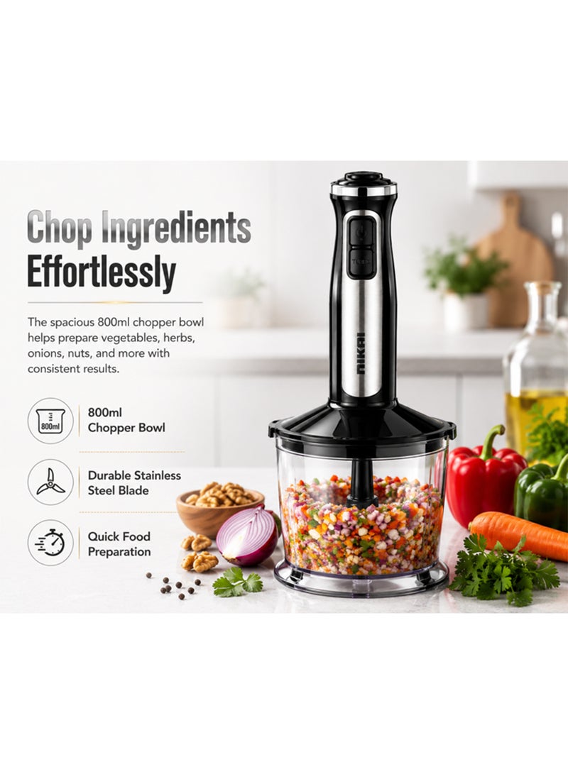 NIKAI 3-IN-1 Hand Blender | 600W, 2-Speed Control | Stainless Steel Blade & Shaft | Slim Ergonomic Handle | Low Noise Design | Perfect for Blending, Chopping, Whisking, 600ML Cup | NH919CW2 Silver - Image 3