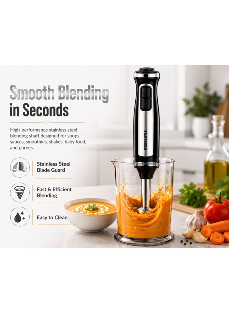 NIKAI 3-IN-1 Hand Blender | 600W, 2-Speed Control | Stainless Steel Blade & Shaft | Slim Ergonomic Handle | Low Noise Design | Perfect for Blending, Chopping, Whisking, 600ML Cup | NH919CW2 Silver - Image 2