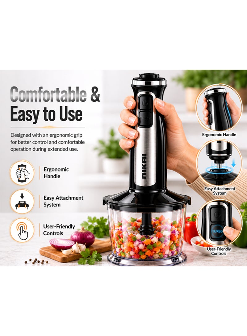 NIKAI 3-IN-1 Hand Blender | 600W, 2-Speed Control | Stainless Steel Blade & Shaft | Slim Ergonomic Handle | Low Noise Design | Perfect for Blending, Chopping, Whisking, 600ML Cup | NH919CW2 Silver - Image 5