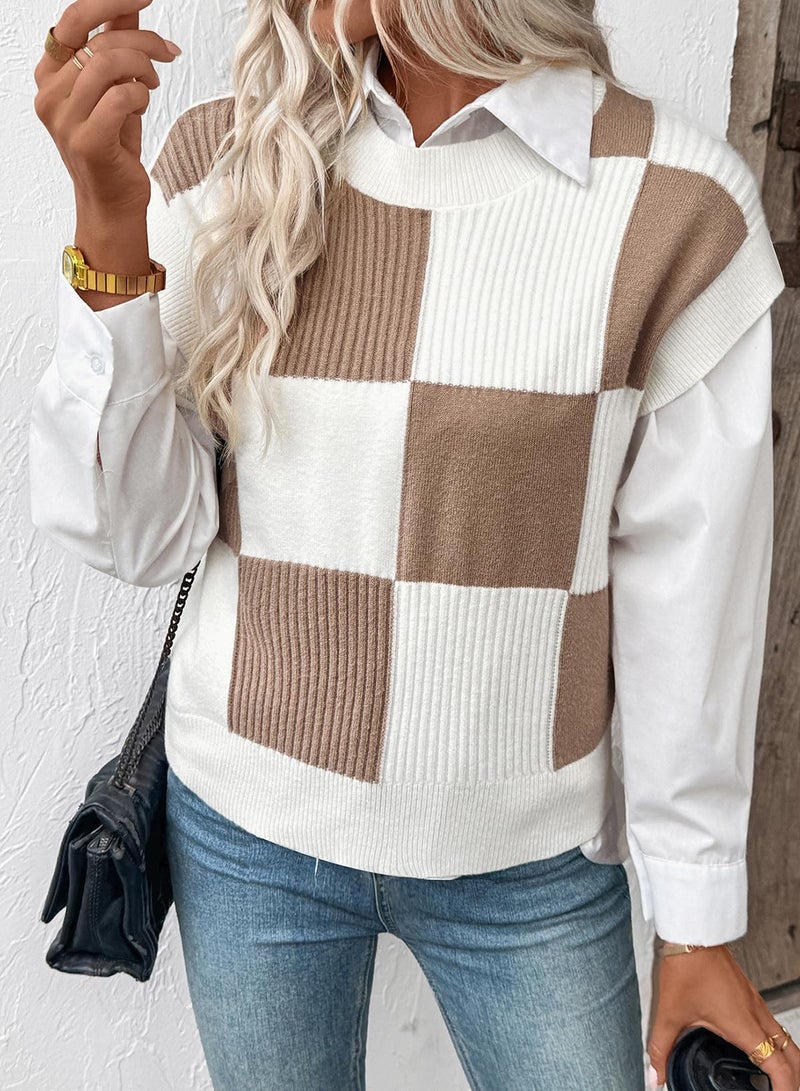 EVALESS Fall Sweaters for Women 2026 Round Neck Short Sleeve Sweater Vests Trendy Color Block Knit Cap Sleeve Blouses Tops Womens Spring Winter Outfits Fashion Clothes Khaki Medium - Image 4